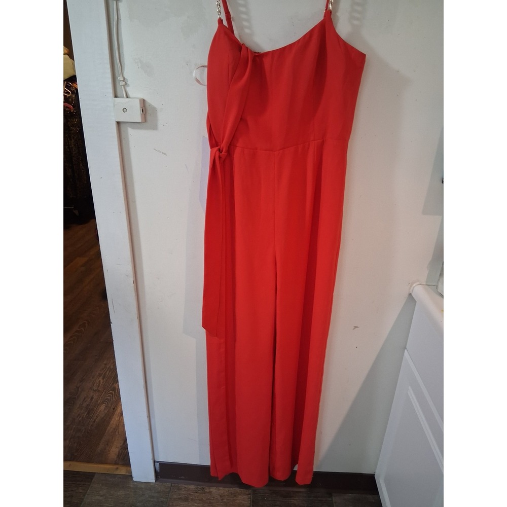 Lilly Pulitzer Red Wide Leg Jumpsuit Gold Chain Straps Size 10 Side Tie Smocked